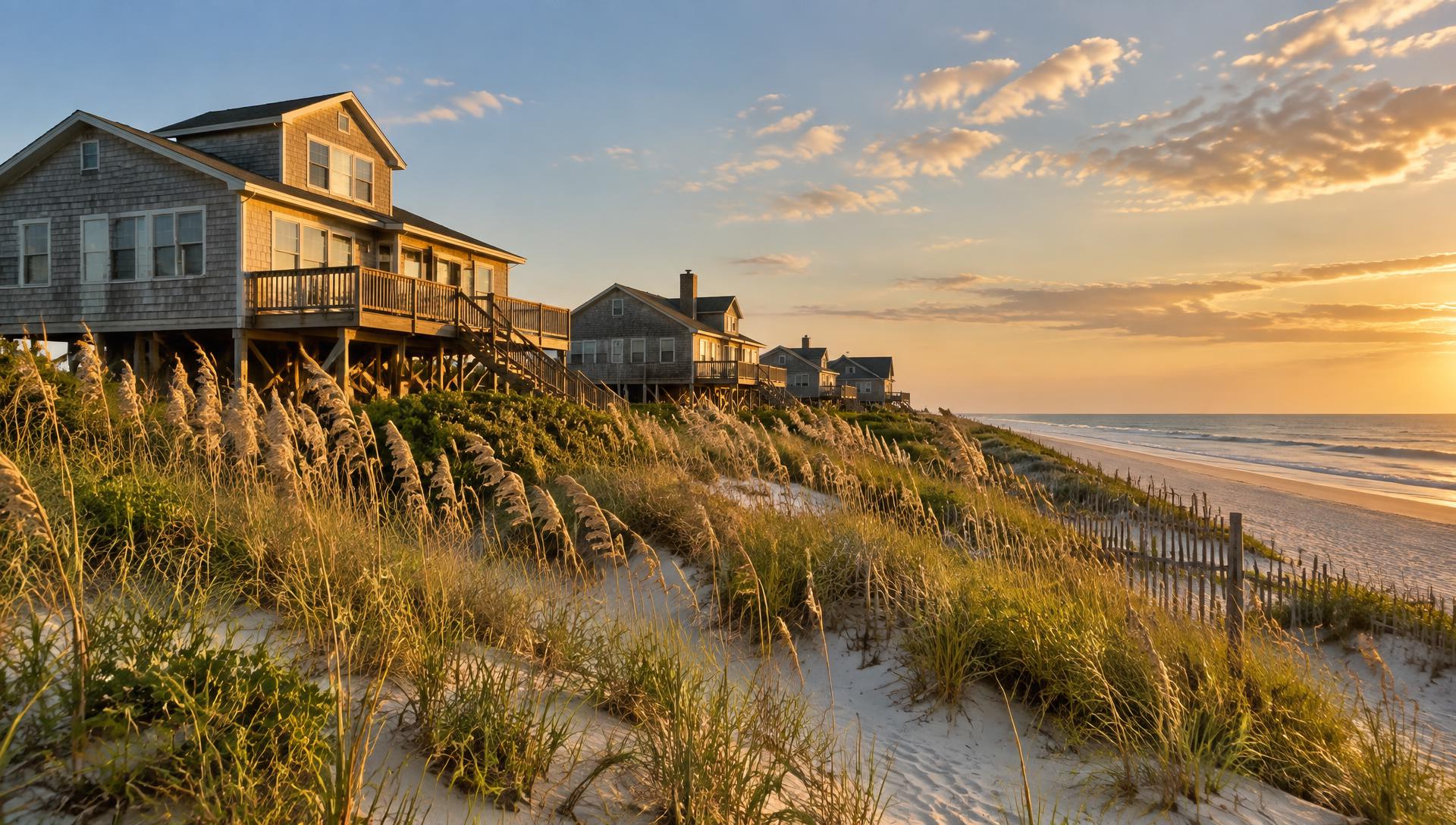 Coastal North Carolina beach houses on stilts behind sea oats at sunset